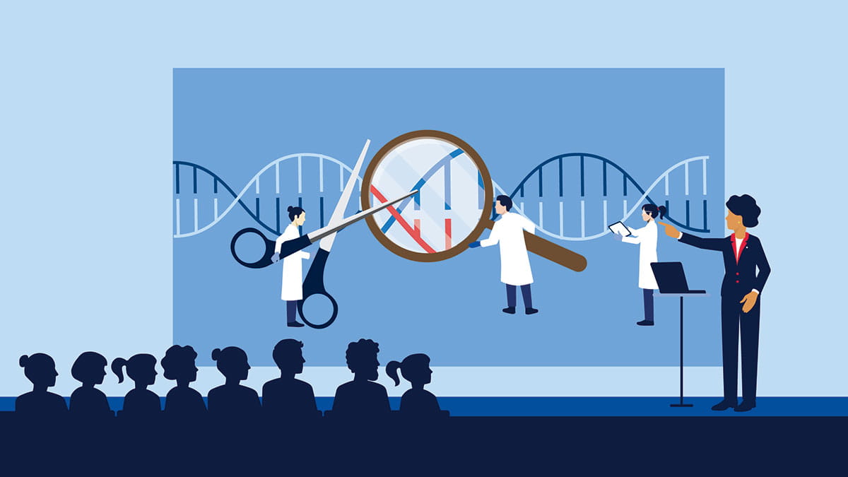 Flat style Illustration of a conference with a speaker on stage pointing at a presentation